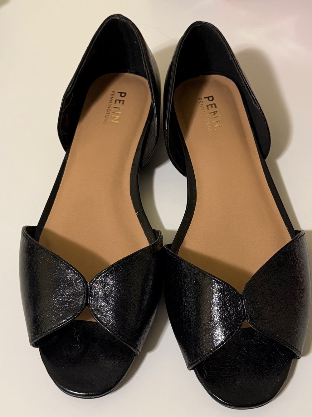 Penningtons Black Open-Toe D'Orsay Flats with Knotted Vamp